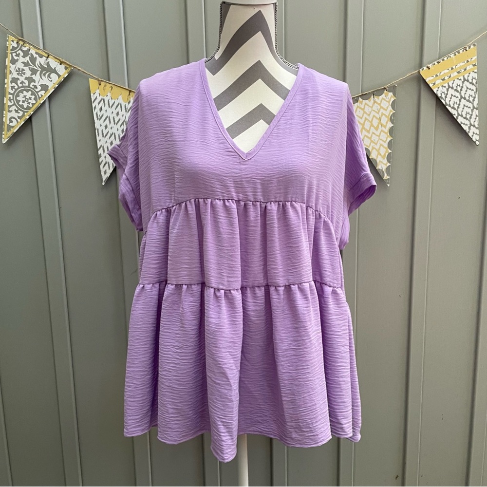 12 PM Tiered Lavender Babydoll Short Sleeve V Neck Top